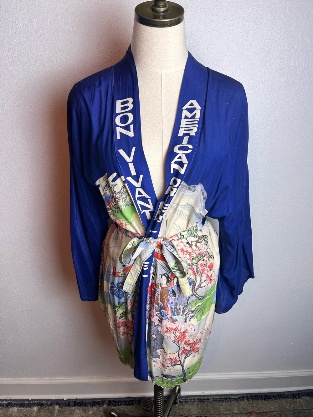 Vintage Ichifuji Kimono Bon Vivant Tour Blue Open-Front Graphic